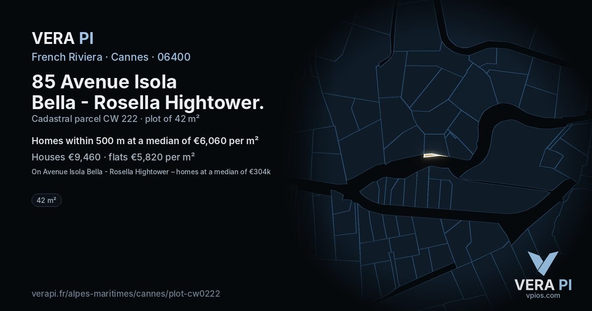 85 Avenue Isola Bella - Rosella Hightower, Cannes at night – the plot lit, the parcels around coloured by the prices near them