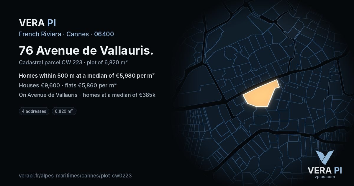 76 Avenue de Vallauris, Cannes at night – the plot lit, the parcels around coloured by the prices near them