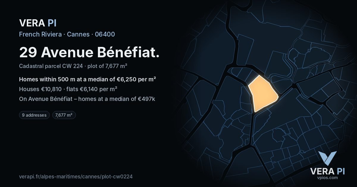 29 Avenue Bénéfiat, Cannes at night – the plot lit, the parcels around coloured by the prices near them
