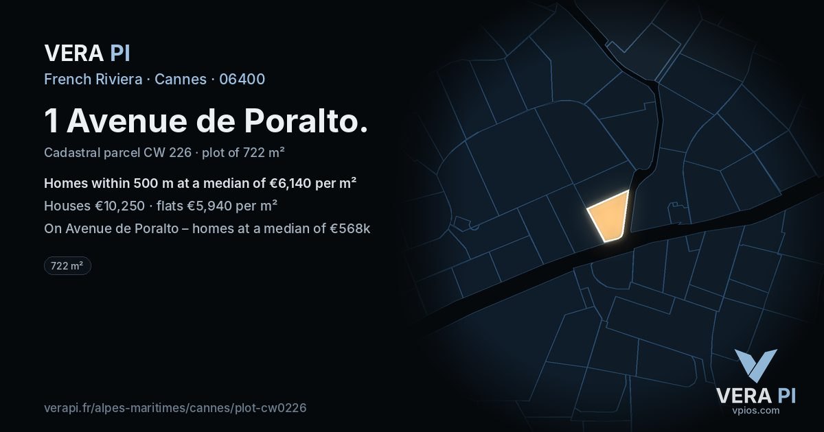 1 Avenue de Poralto, Cannes at night – the plot lit, the parcels around coloured by the prices near them