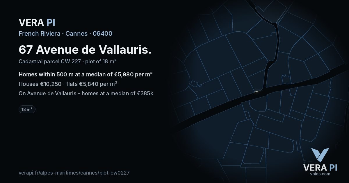 67 Avenue de Vallauris, Cannes at night – the plot lit, the parcels around coloured by the prices near them