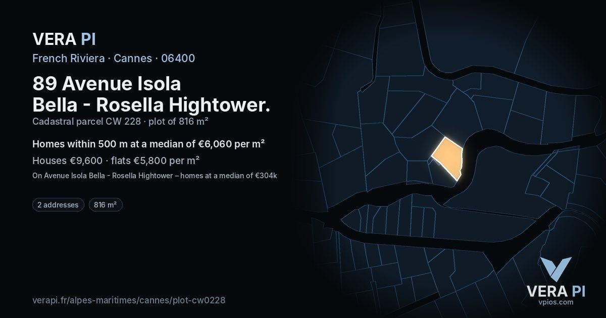 89 Avenue Isola Bella - Rosella Hightower, Cannes at night – the plot lit, the parcels around coloured by the prices near them