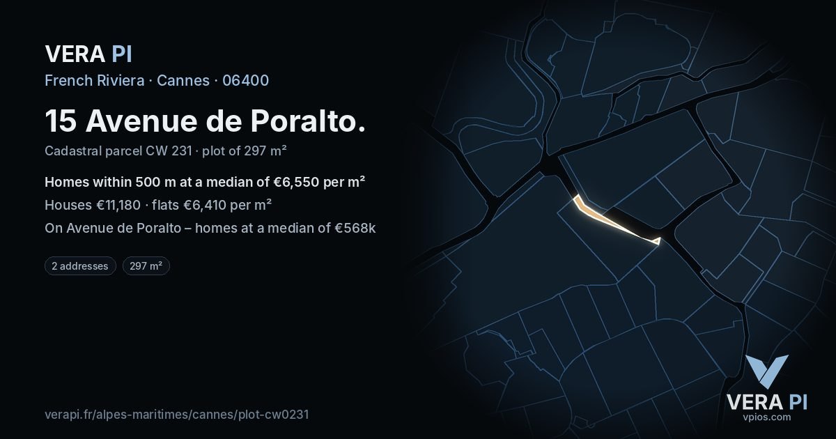 15 Avenue de Poralto, Cannes at night – the plot lit, the parcels around coloured by the prices near them