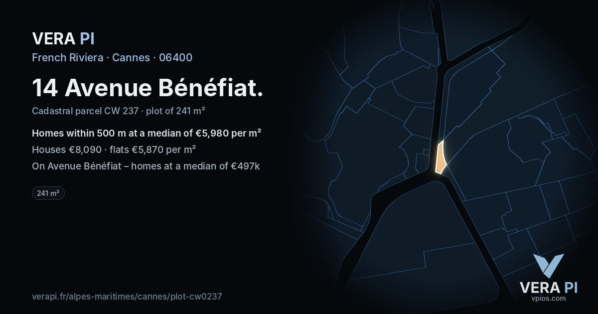 14 Avenue Bénéfiat, Cannes at night – the plot lit, the parcels around coloured by the prices near them