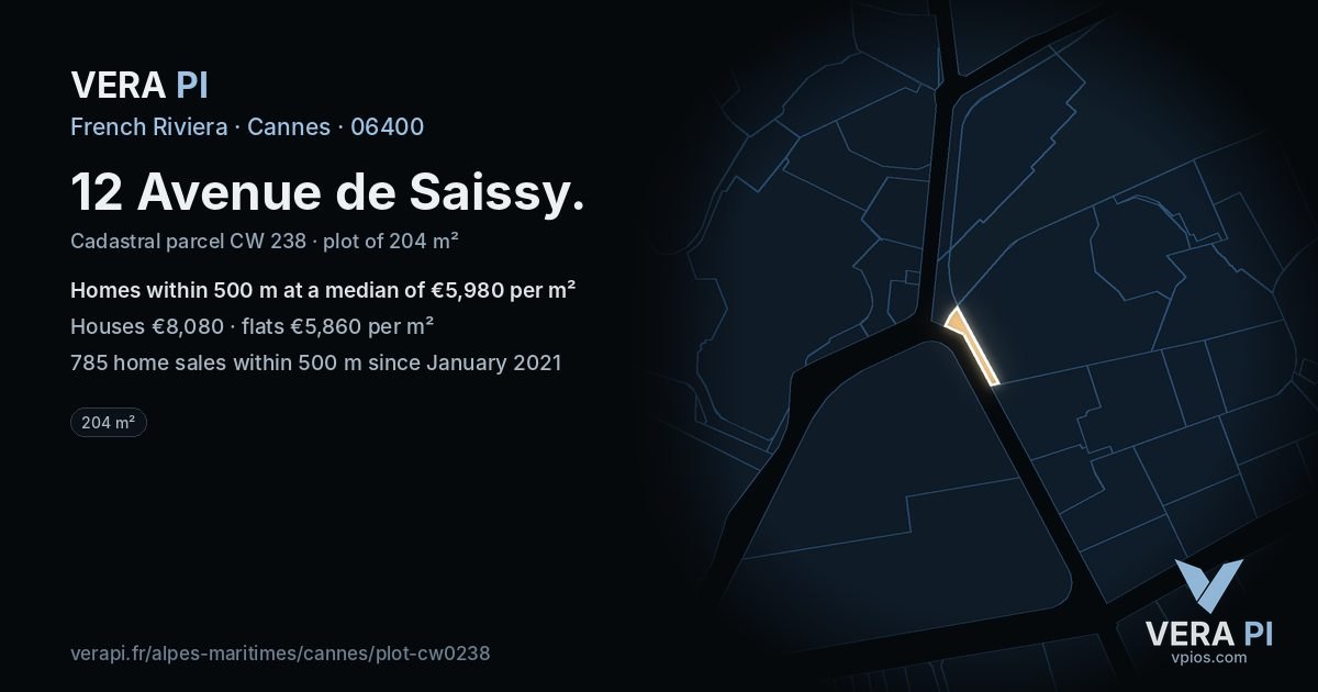 12 Avenue de Saissy, Cannes at night – the plot lit, the parcels around coloured by the prices near them