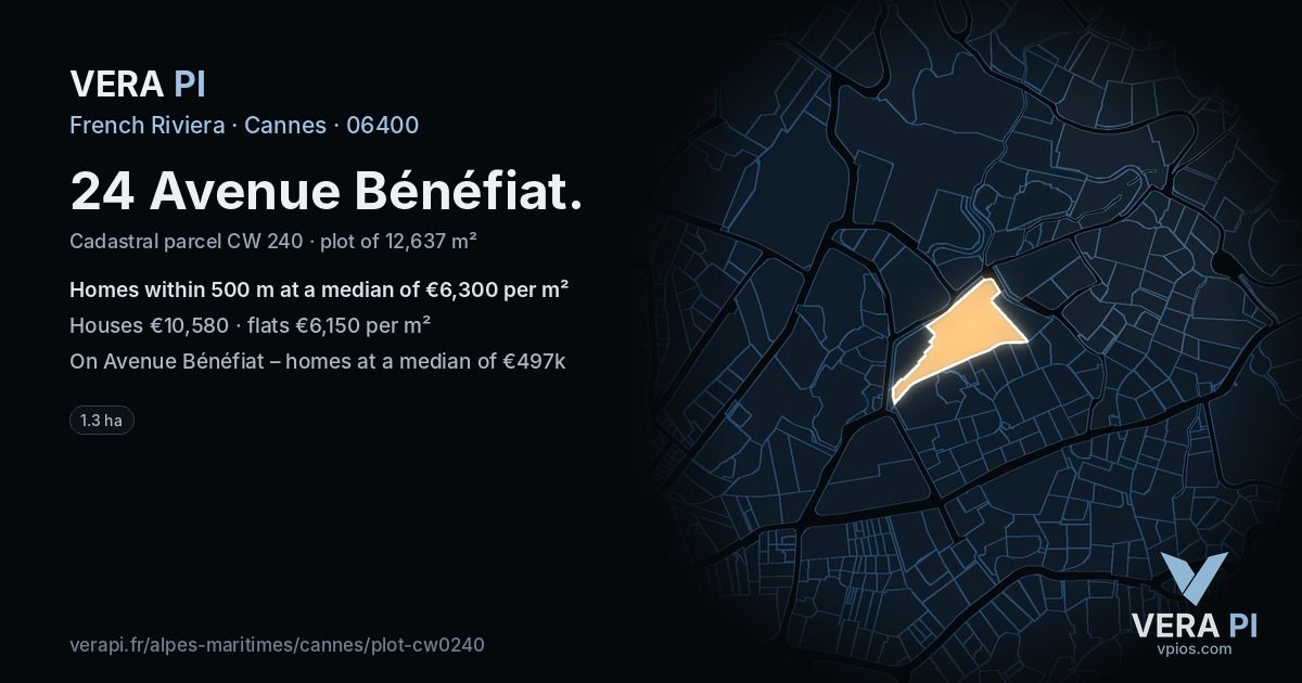 24 Avenue Bénéfiat, Cannes at night – the plot lit, the parcels around coloured by the prices near them
