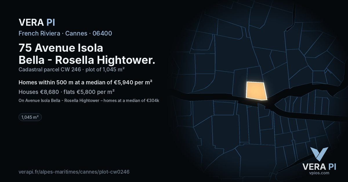 75 Avenue Isola Bella - Rosella Hightower, Cannes at night – the plot lit, the parcels around coloured by the prices near them