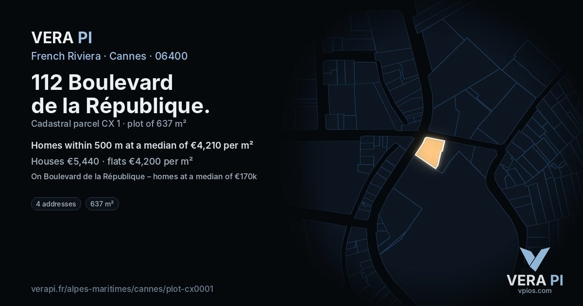 112 Boulevard de la République, Cannes at night – the plot lit, the parcels around coloured by the prices near them