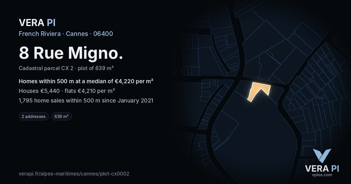 8 Rue Migno, Cannes at night – the plot lit, the parcels around coloured by the prices near them