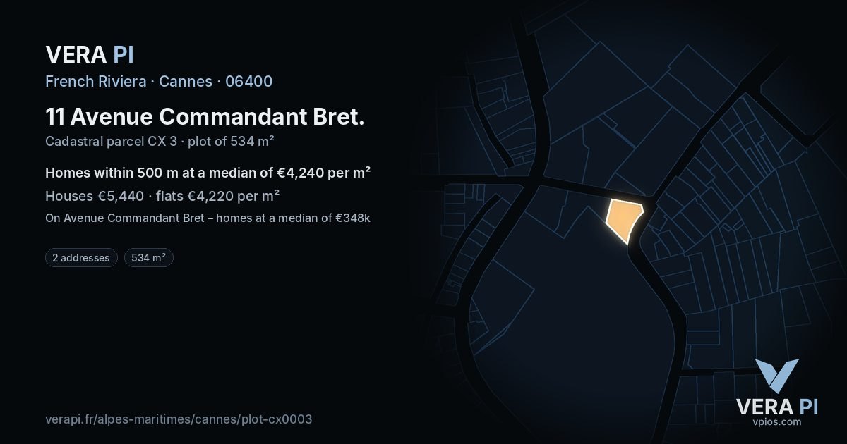 11 Avenue Commandant Bret, Cannes at night – the plot lit, the parcels around coloured by the prices near them