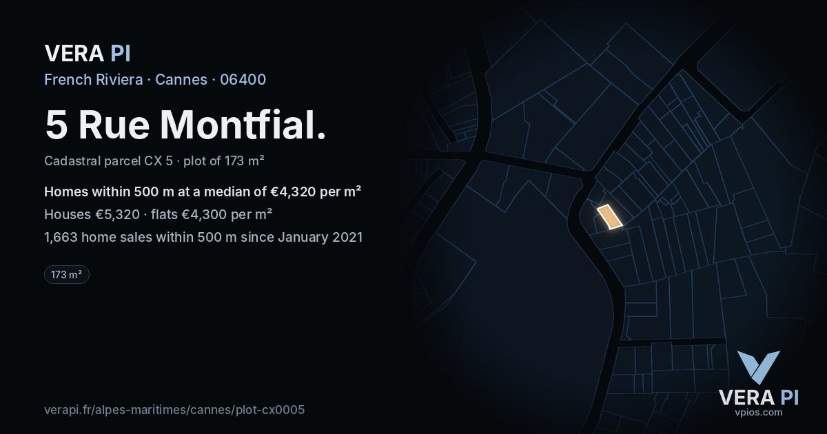 5 Rue Montfial, Cannes at night – the plot lit, the parcels around coloured by the prices near them
