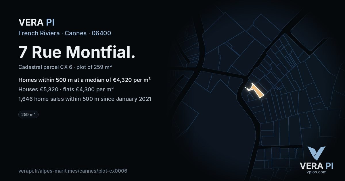 7 Rue Montfial, Cannes at night – the plot lit, the parcels around coloured by the prices near them