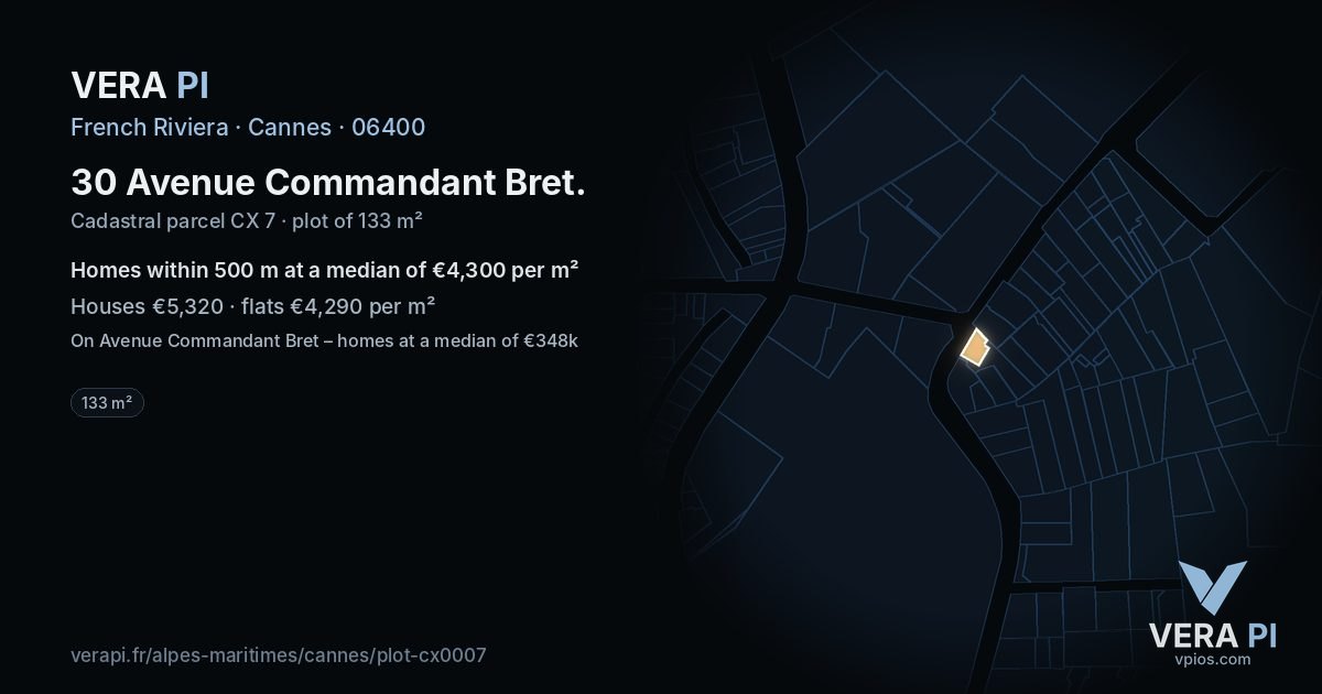 30 Avenue Commandant Bret, Cannes at night – the plot lit, the parcels around coloured by the prices near them