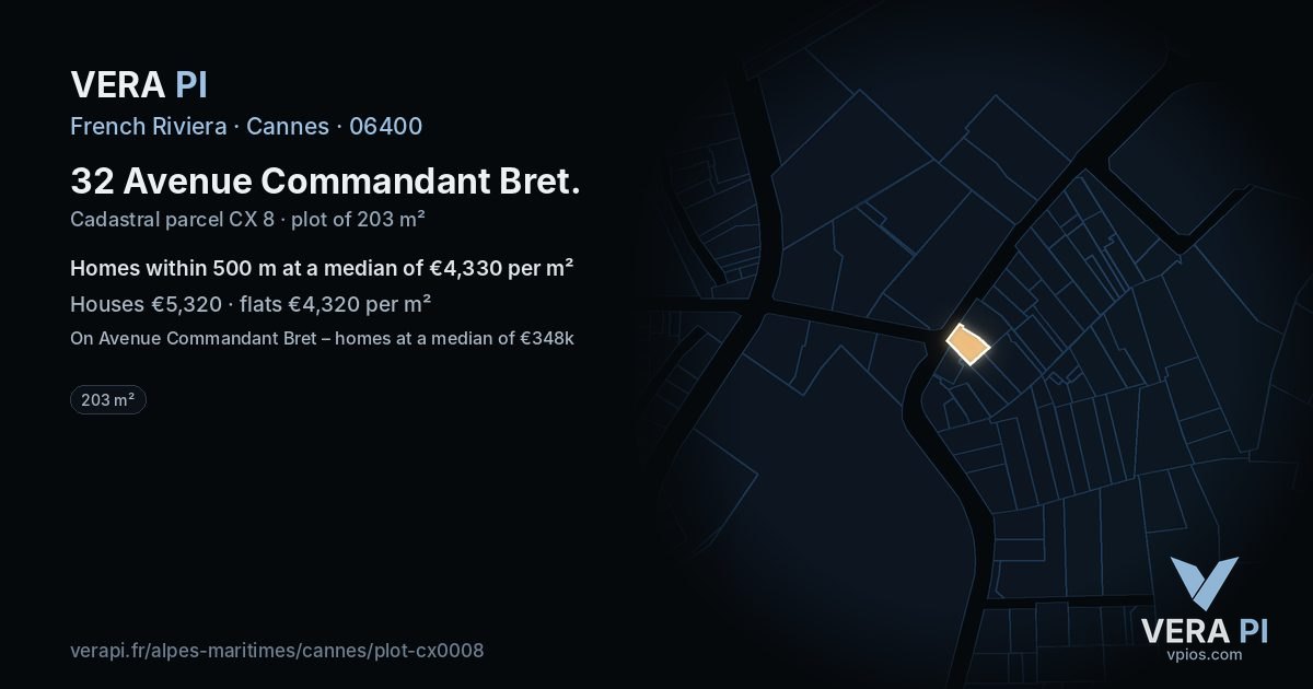 32 Avenue Commandant Bret, Cannes at night – the plot lit, the parcels around coloured by the prices near them