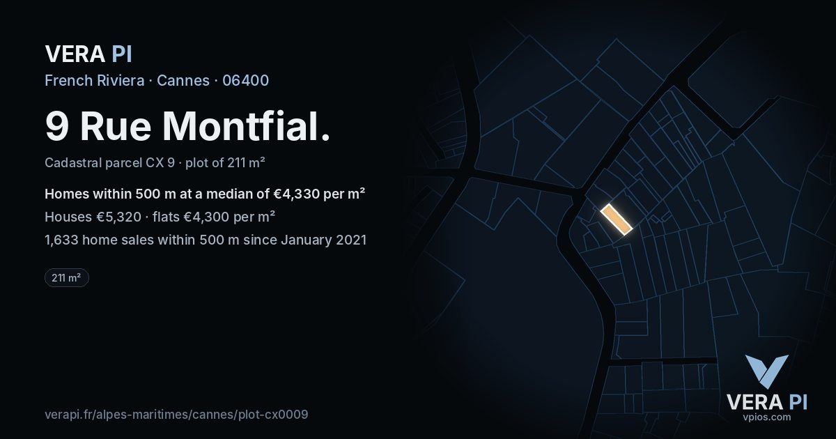 9 Rue Montfial, Cannes at night – the plot lit, the parcels around coloured by the prices near them