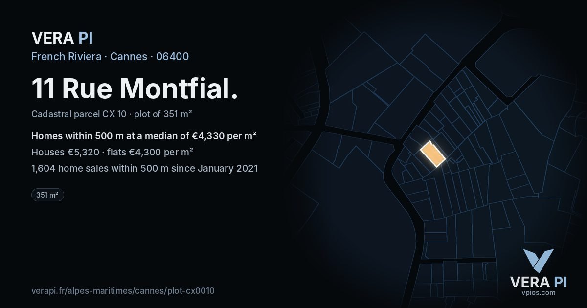 11 Rue Montfial, Cannes at night – the plot lit, the parcels around coloured by the prices near them