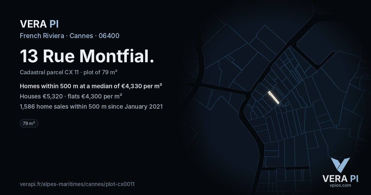 13 Rue Montfial, Cannes at night – the plot lit, the parcels around coloured by the prices near them