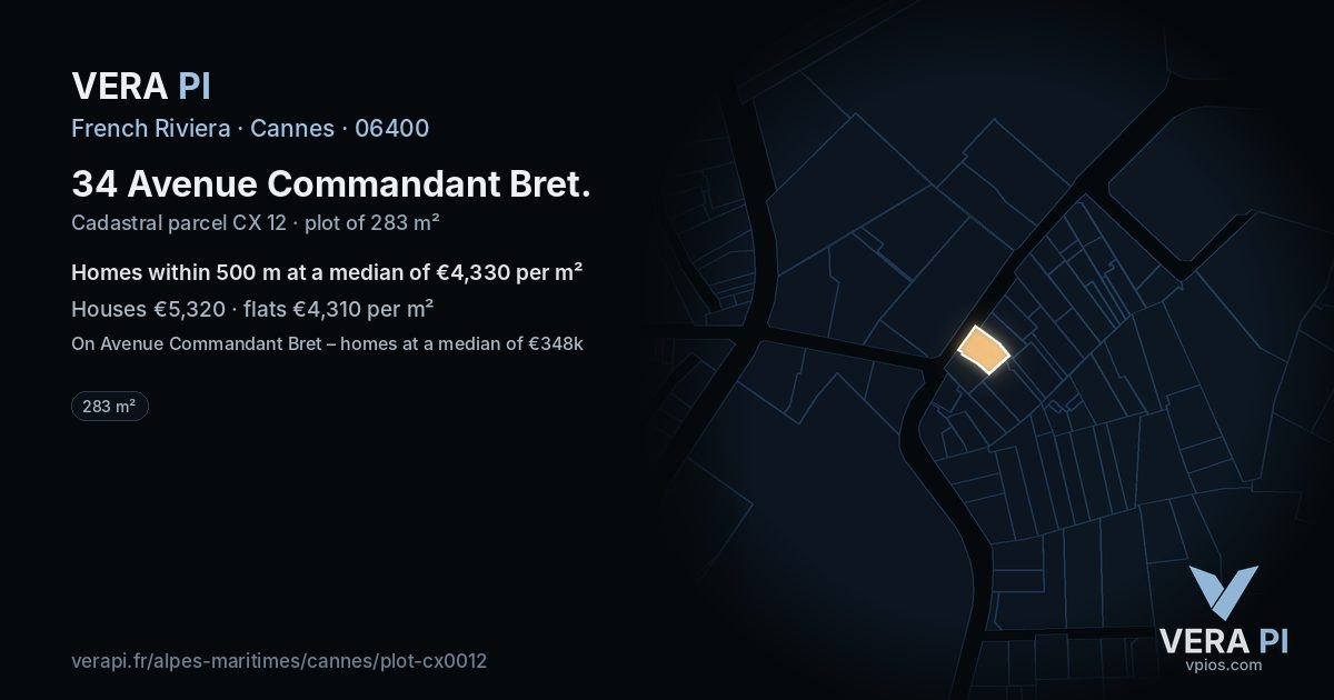 34 Avenue Commandant Bret, Cannes at night – the plot lit, the parcels around coloured by the prices near them
