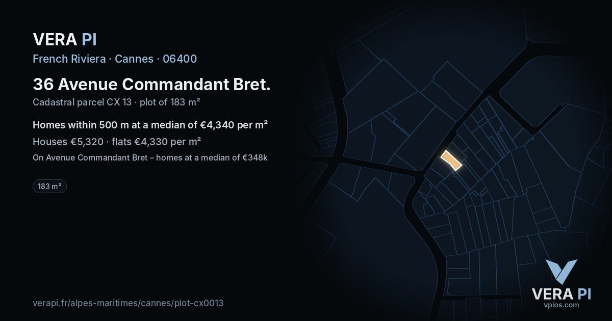 36 Avenue Commandant Bret, Cannes at night – the plot lit, the parcels around coloured by the prices near them