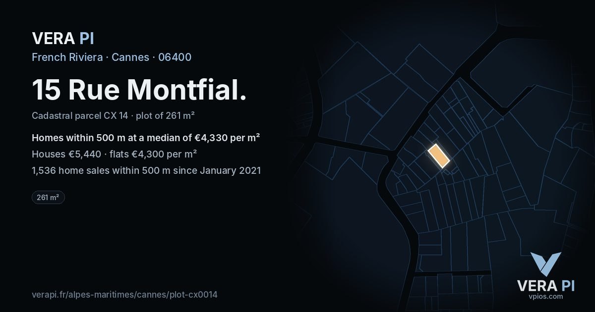 15 Rue Montfial, Cannes at night – the plot lit, the parcels around coloured by the prices near them