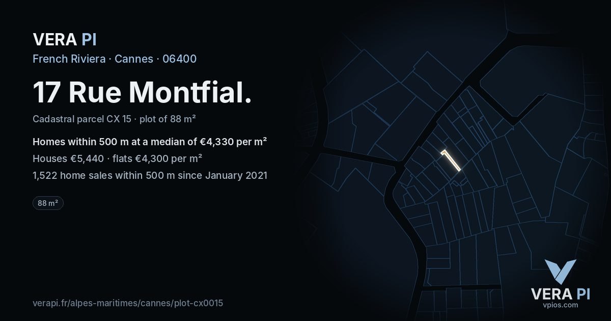 17 Rue Montfial, Cannes at night – the plot lit, the parcels around coloured by the prices near them