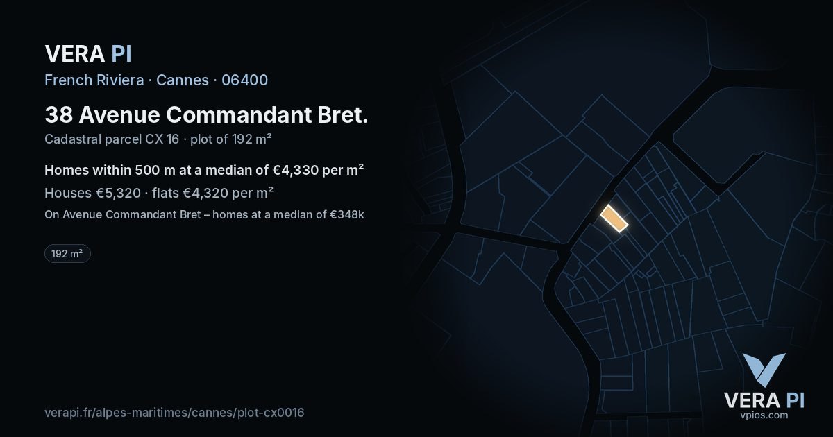 38 Avenue Commandant Bret, Cannes at night – the plot lit, the parcels around coloured by the prices near them