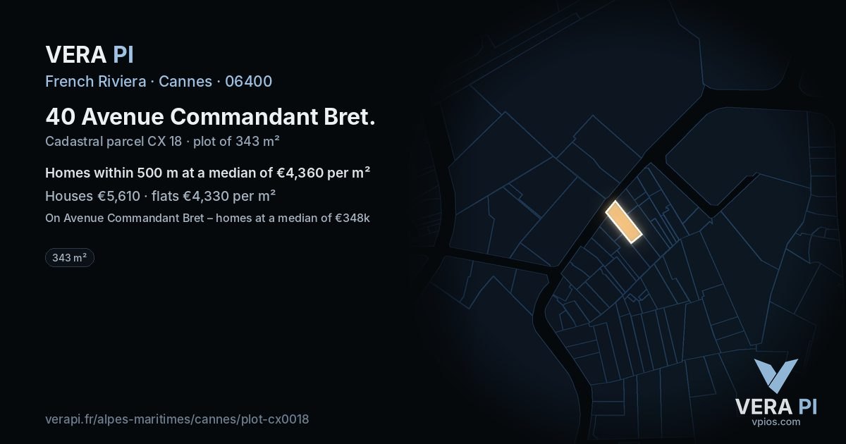 40 Avenue Commandant Bret, Cannes at night – the plot lit, the parcels around coloured by the prices near them