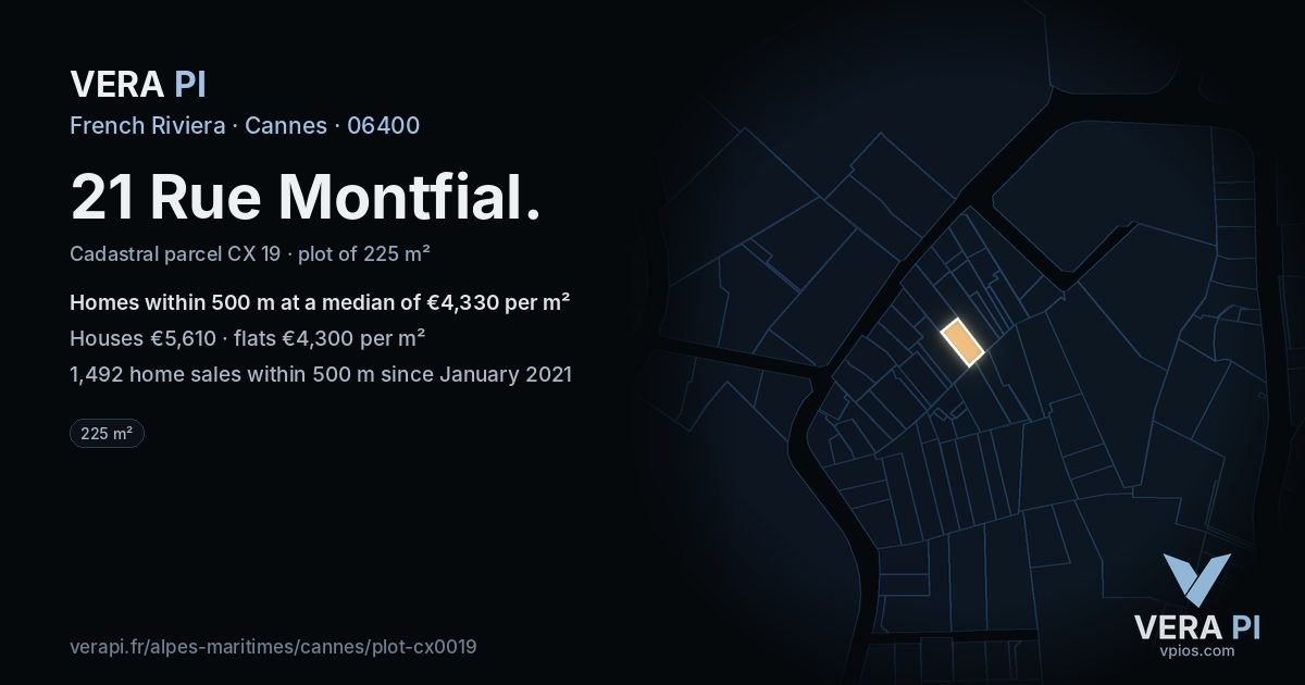 21 Rue Montfial, Cannes at night – the plot lit, the parcels around coloured by the prices near them