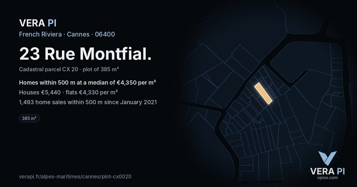 23 Rue Montfial, Cannes at night – the plot lit, the parcels around coloured by the prices near them