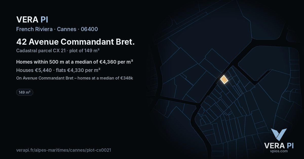 42 Avenue Commandant Bret, Cannes at night – the plot lit, the parcels around coloured by the prices near them