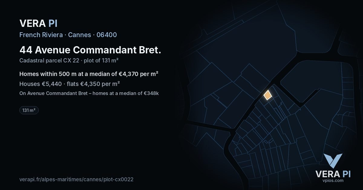 44 Avenue Commandant Bret, Cannes at night – the plot lit, the parcels around coloured by the prices near them