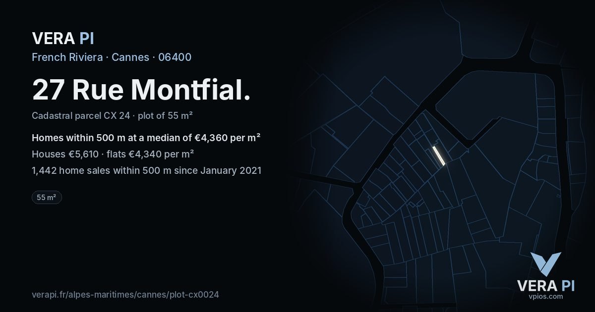 27 Rue Montfial, Cannes at night – the plot lit, the parcels around coloured by the prices near them