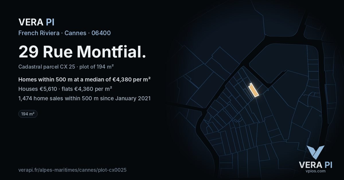 29 Rue Montfial, Cannes at night – the plot lit, the parcels around coloured by the prices near them