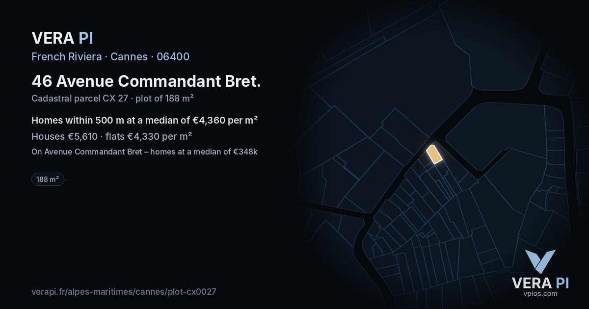 46 Avenue Commandant Bret, Cannes at night – the plot lit, the parcels around coloured by the prices near them