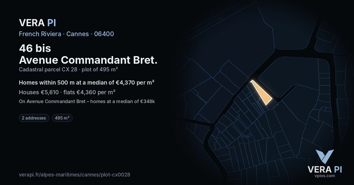 46 bis Avenue Commandant Bret, Cannes at night – the plot lit, the parcels around coloured by the prices near them