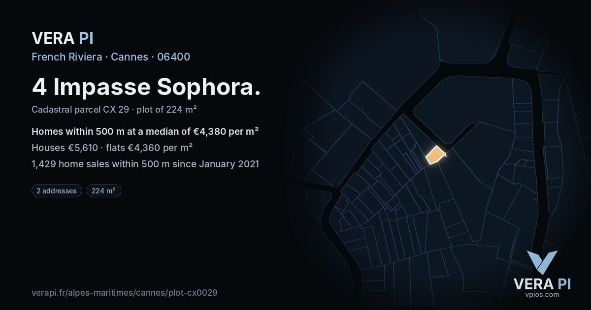 4 Impasse Sophora, Cannes at night – the plot lit, the parcels around coloured by the prices near them