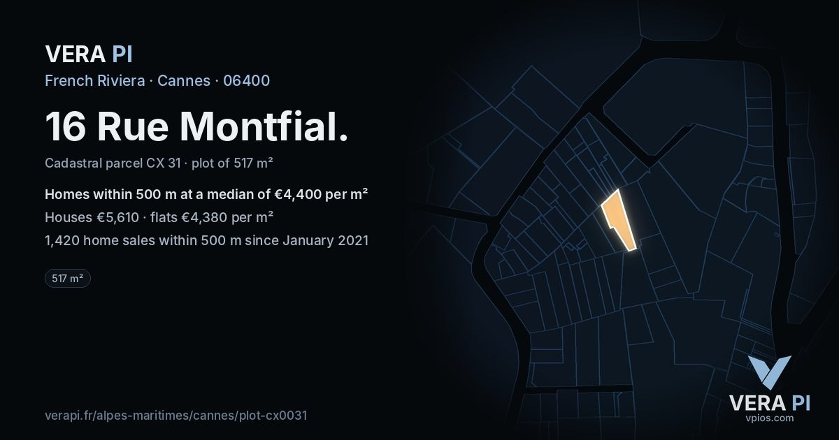 16 Rue Montfial, Cannes at night – the plot lit, the parcels around coloured by the prices near them