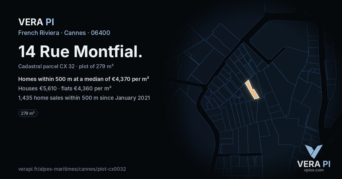 14 Rue Montfial, Cannes at night – the plot lit, the parcels around coloured by the prices near them