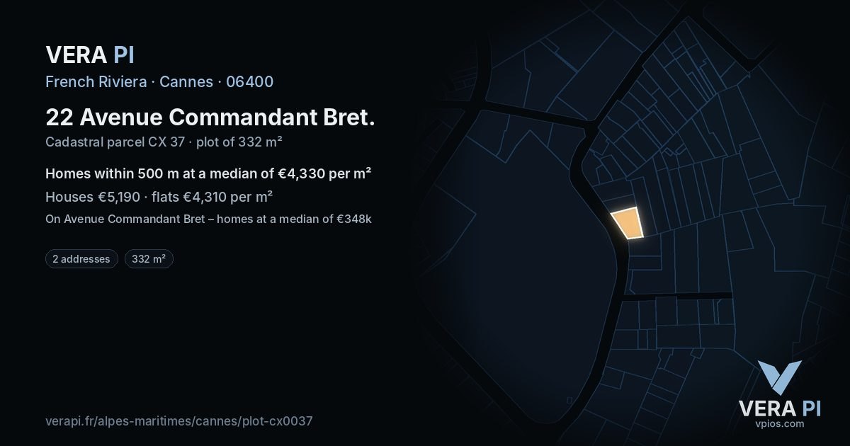 22 Avenue Commandant Bret, Cannes at night – the plot lit, the parcels around coloured by the prices near them