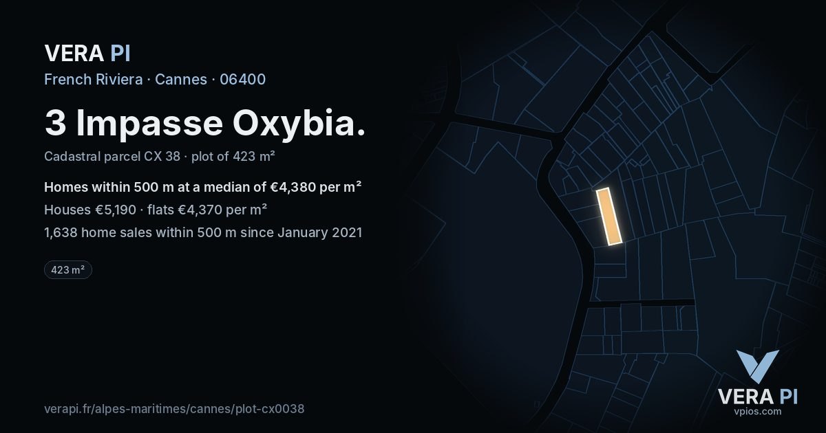 3 Impasse Oxybia, Cannes at night – the plot lit, the parcels around coloured by the prices near them