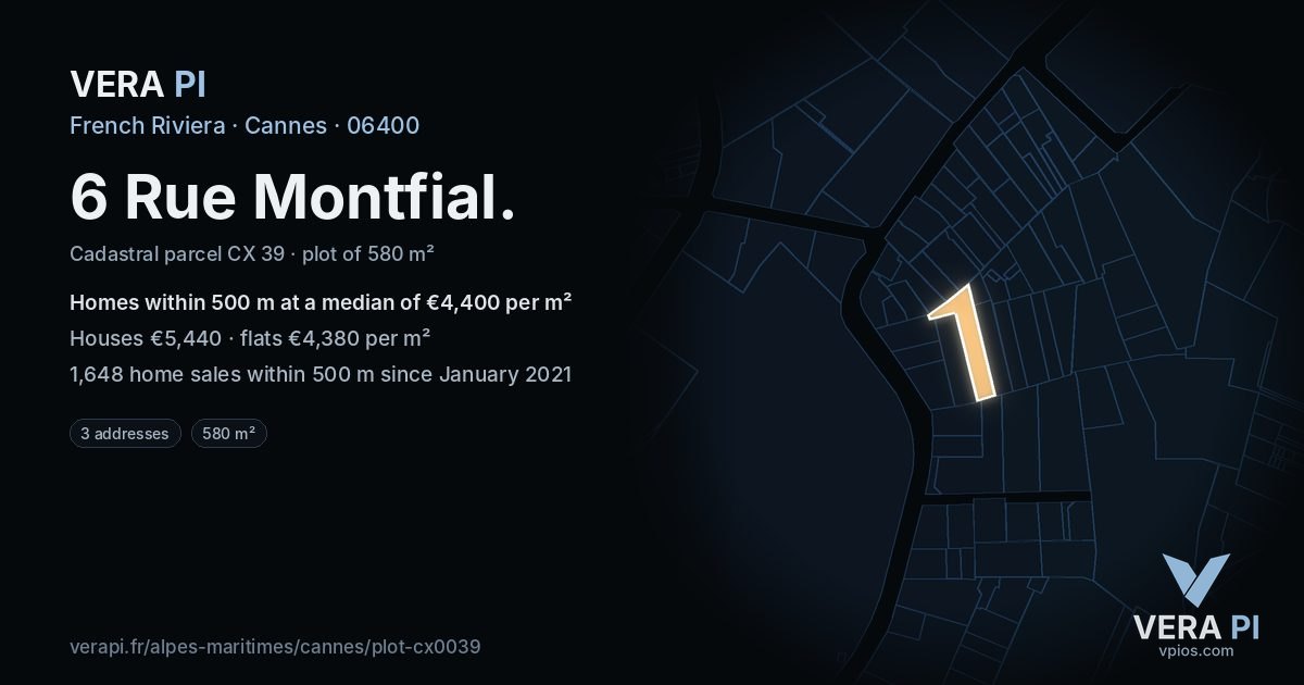 6 Rue Montfial, Cannes at night – the plot lit, the parcels around coloured by the prices near them