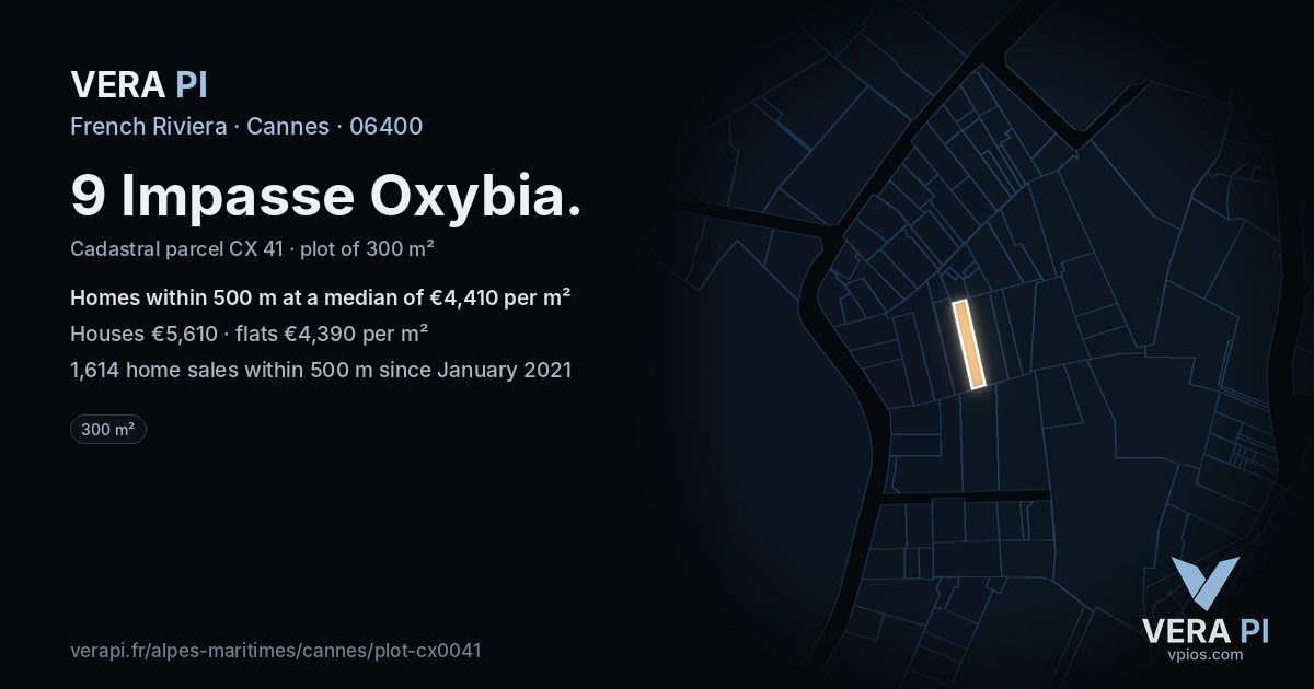 9 Impasse Oxybia, Cannes at night – the plot lit, the parcels around coloured by the prices near them