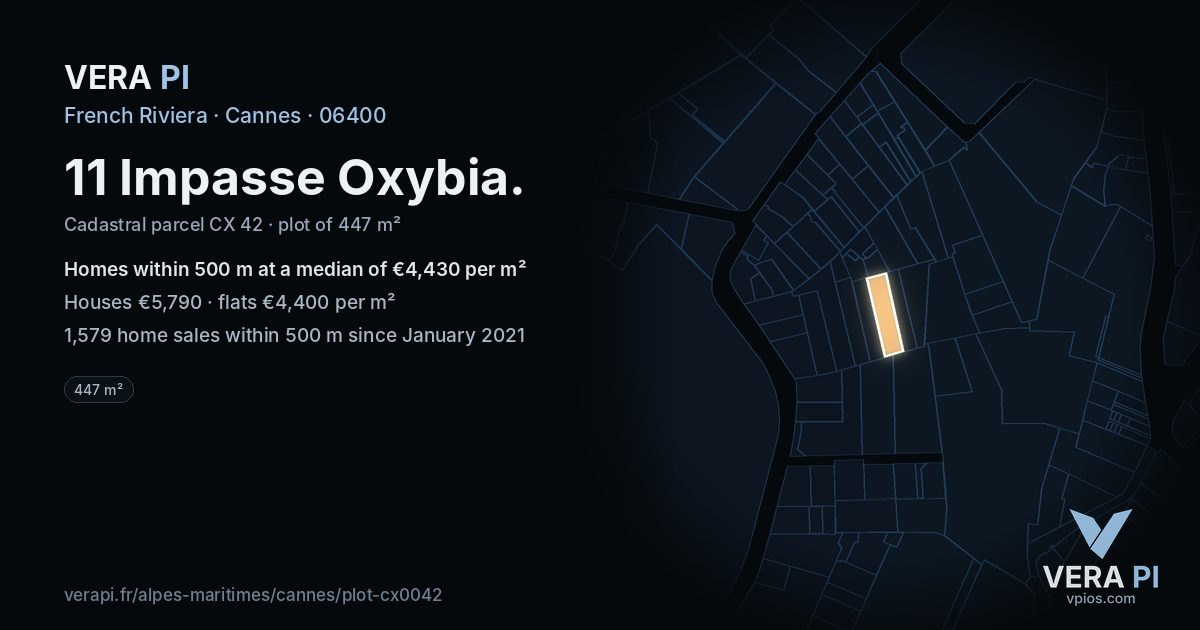 11 Impasse Oxybia, Cannes at night – the plot lit, the parcels around coloured by the prices near them