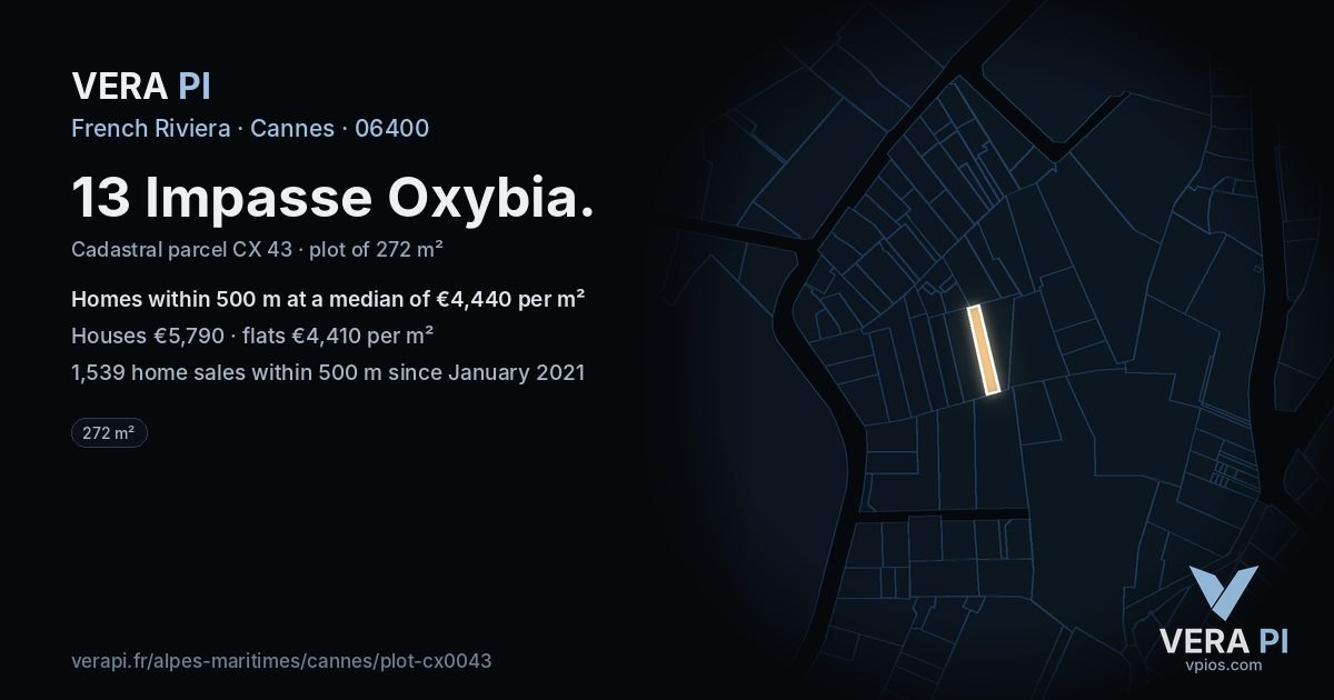 13 Impasse Oxybia, Cannes at night – the plot lit, the parcels around coloured by the prices near them