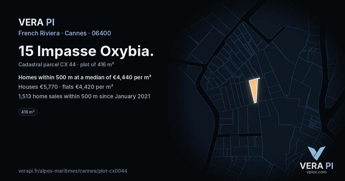 15 Impasse Oxybia, Cannes at night – the plot lit, the parcels around coloured by the prices near them