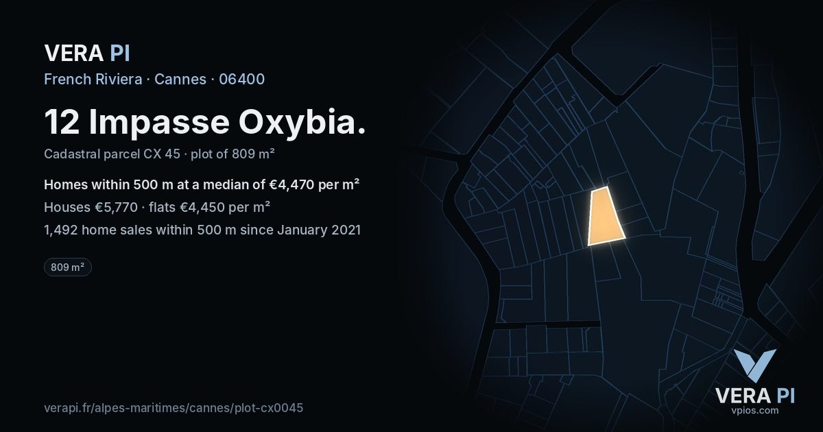 12 Impasse Oxybia, Cannes at night – the plot lit, the parcels around coloured by the prices near them