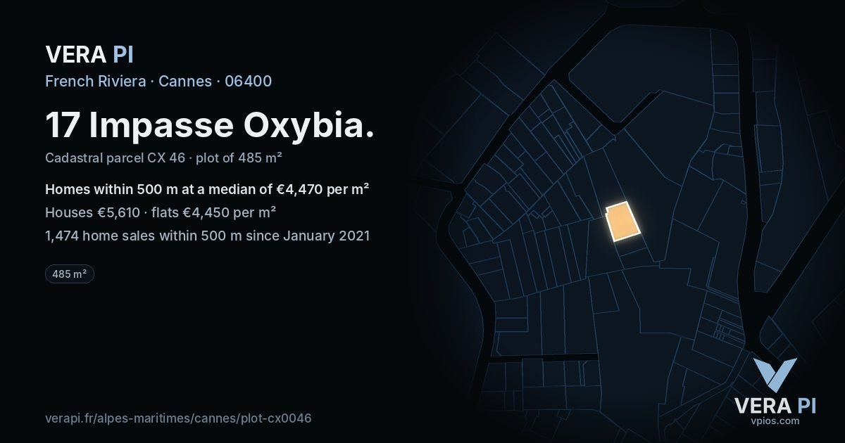17 Impasse Oxybia, Cannes at night – the plot lit, the parcels around coloured by the prices near them