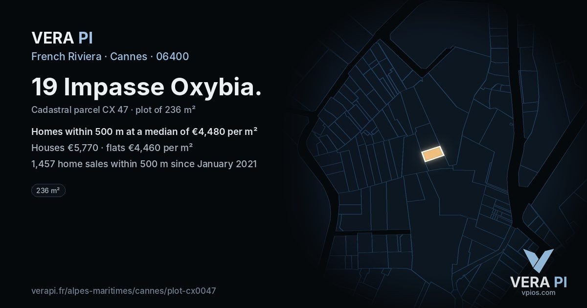 19 Impasse Oxybia, Cannes at night – the plot lit, the parcels around coloured by the prices near them