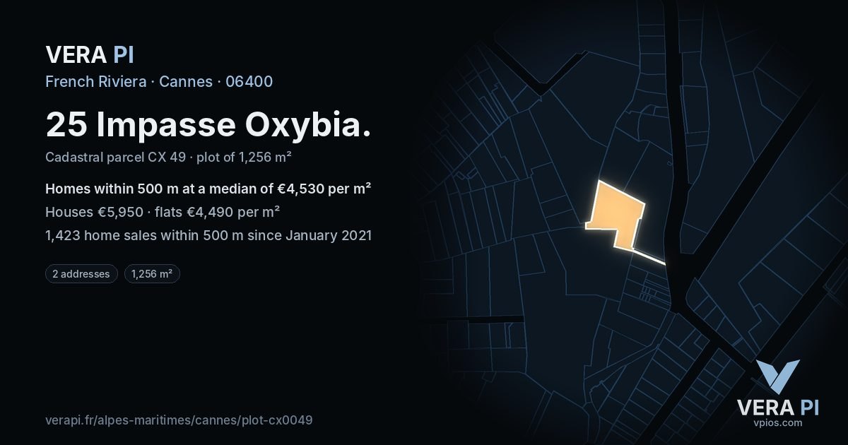 25 Impasse Oxybia, Cannes at night – the plot lit, the parcels around coloured by the prices near them