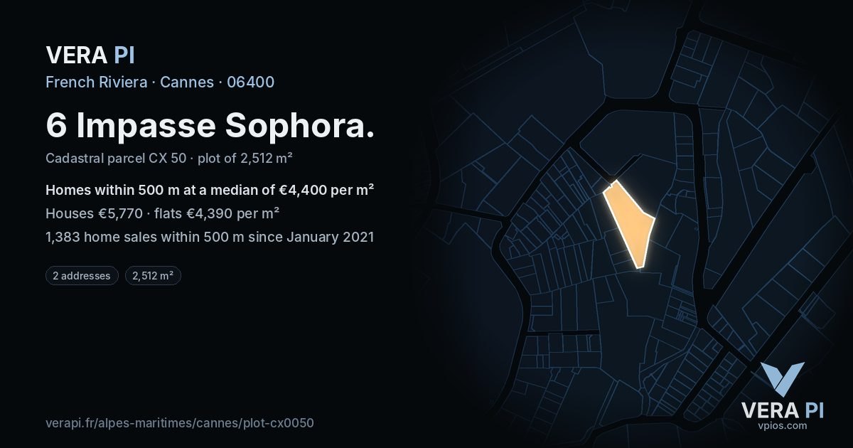 6 Impasse Sophora, Cannes at night – the plot lit, the parcels around coloured by the prices near them